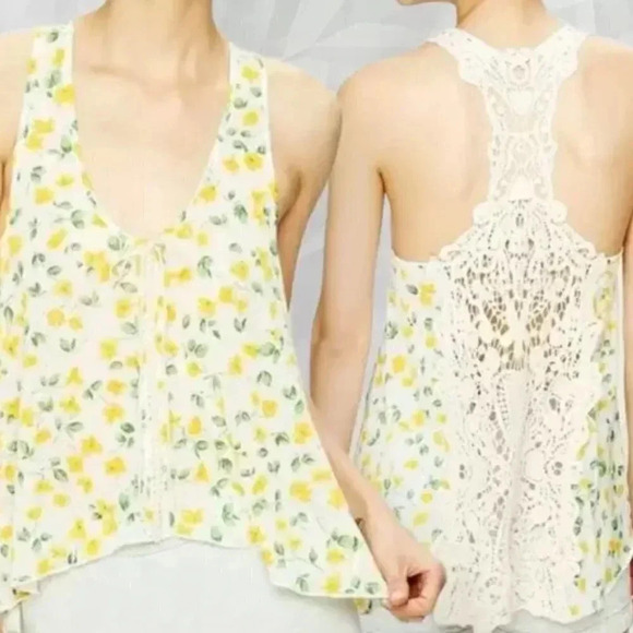 FREE PEOPLE FLORAL CROCHET BACK SLEEVELESS  TANK - Picture 1 of 11